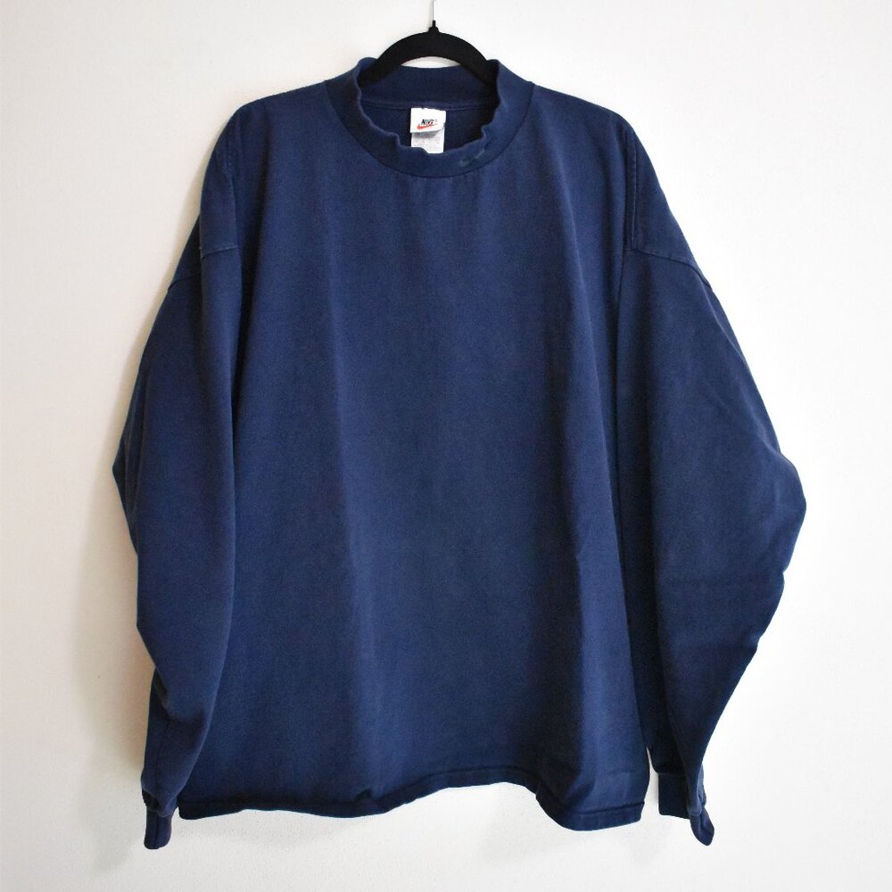 Vintage 1990's Nike Mens Mock Neck XXL Long Sleeve Navy Blue Shirt 100% Cotton